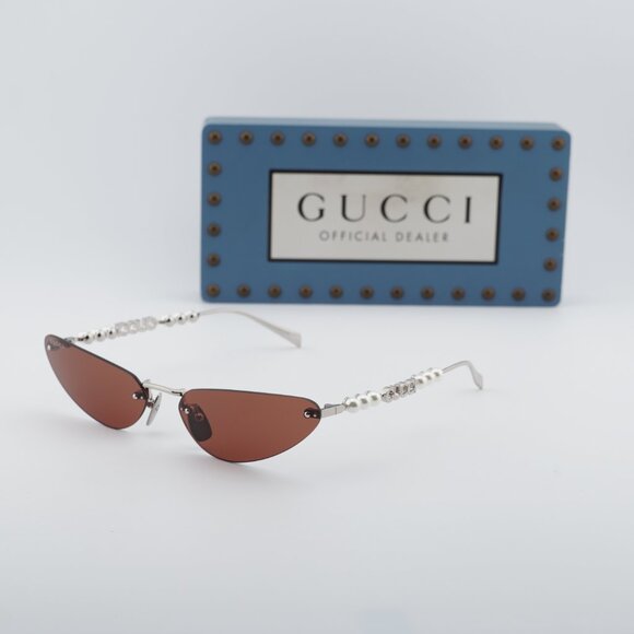 Gucci GG1920S 002 Cat Eye Sunglasses - Shiny Silver with Pearl/Brown main image 4